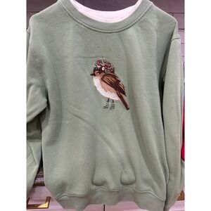 Bua Bua Women Sage Green Embroidered Bird Floral Crown Sweatshirt Size Large